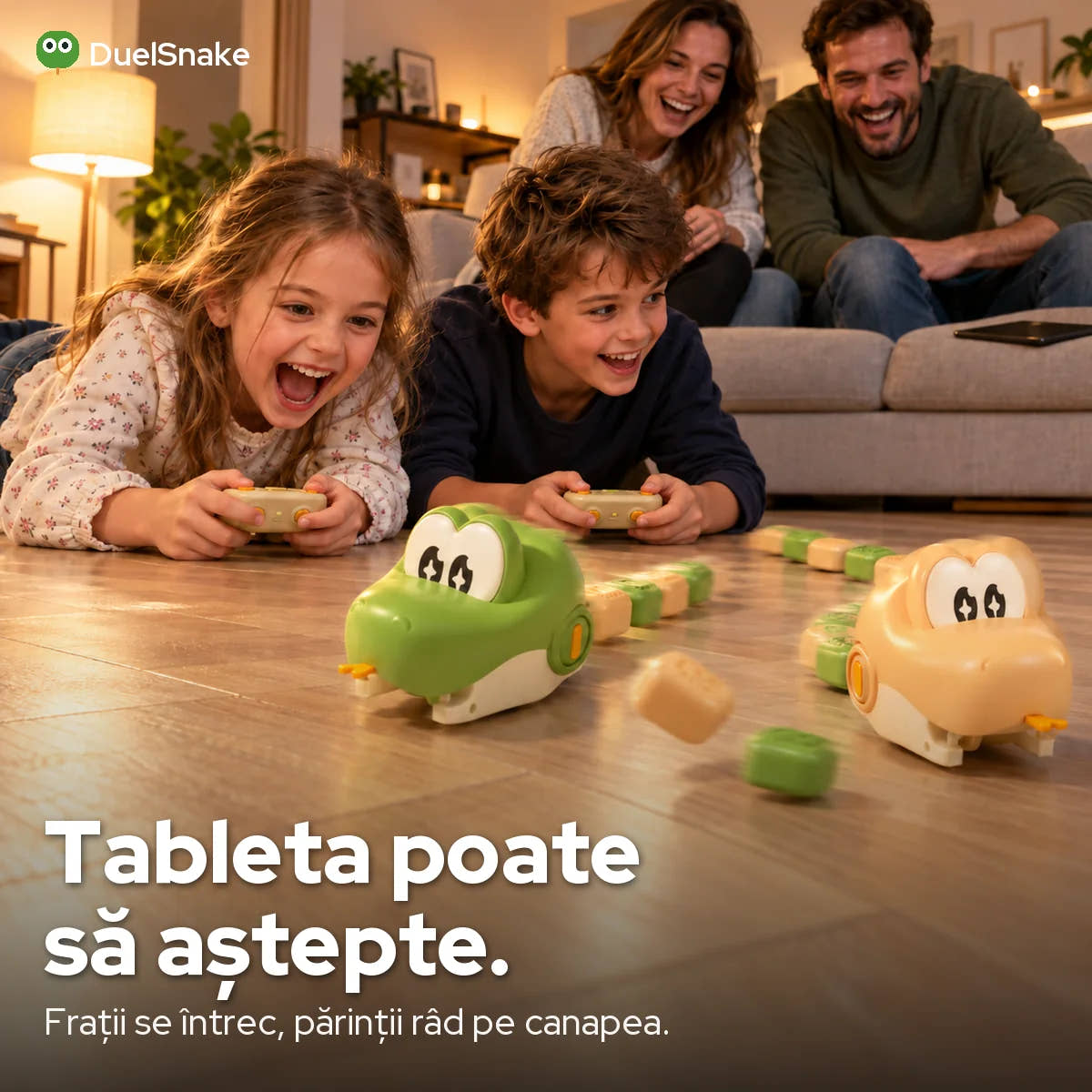 DuelSnake: Tableta poate să aștepte. Frații se întrec, părinții râd pe canapea.